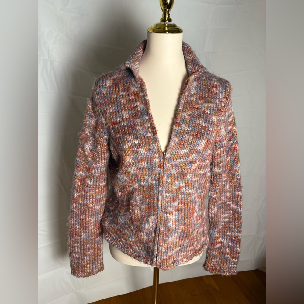 Sigrid Olsen Pink and Blue Cardigan Sweater with Zip-Up Collar